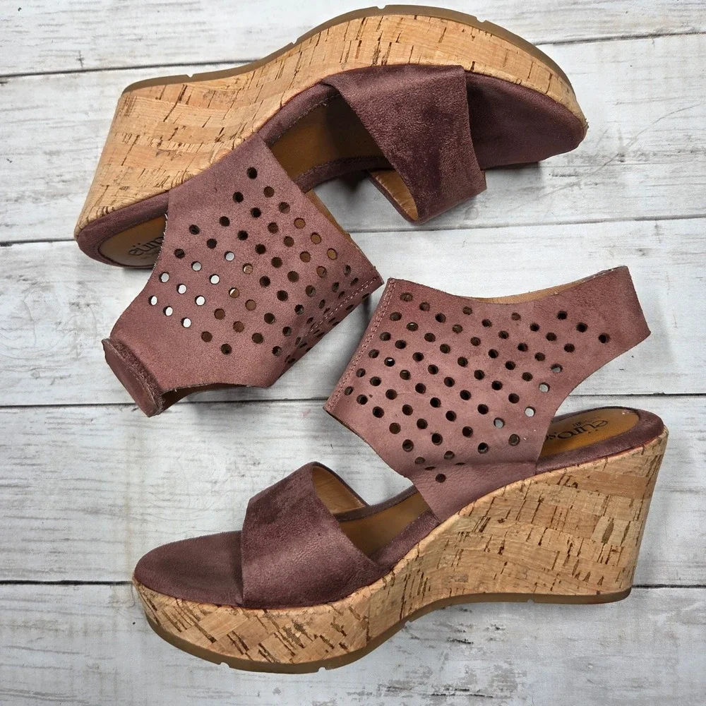 EuroSoft by Sofft Laser Cut Cork Wedge Sandals Women‎ 6M Mauve Brown ES0004529